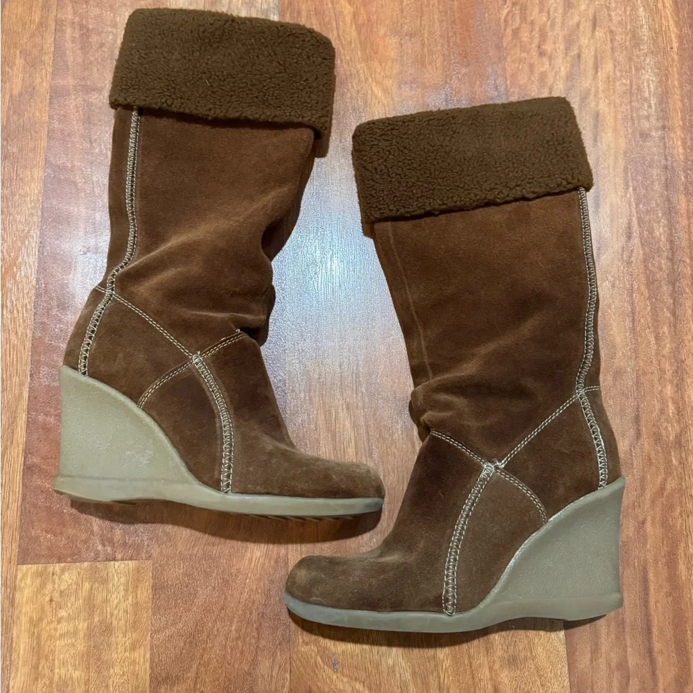 Kenneth Cole Y2K Brown leather suede knee Hugh fur Wedge Boots size 7.5